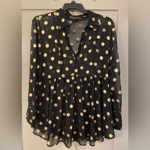 Lane Bryant size 18/20 Sheer Flowing Black & Gold Ruffle Blouse